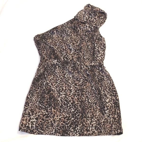 Avec Les Filles Womens Mini Dress Sz M Animal Print One Shoulder Bow Party Fun - Picture 1 of 11